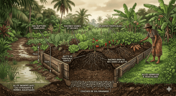 Coupe transversale d'une planche surélevée tropicale