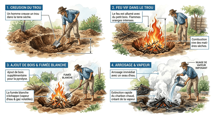 comment fabriquer et utiliser le Biochar : Illustration pas à pas en 4 étapes , Étape 1 – Creuser le trou ; Étape 2 – Feu vif ; Étape 3 – Ajout du bois vert et pyrolyse (fumée) ; Étape 4 – Extinction à l’eau.