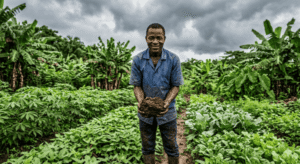 un maraicher tenant une motte de sombre et riche