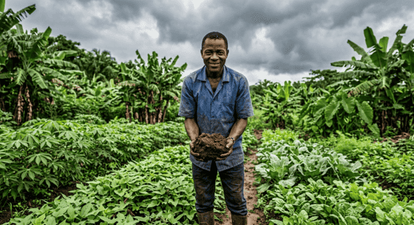 un maraicher tenant une motte de sombre et riche