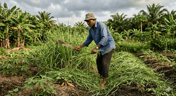 Maraîcher utilisant une machette pour couper des herbes