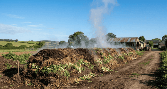 un Tas de compost en andain dans un cadre rural