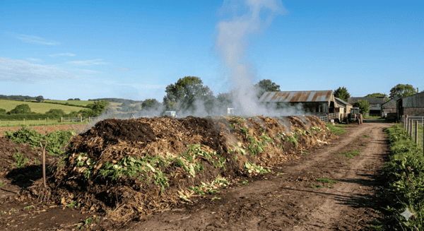 Tas de compost en andain dans un cadre rural