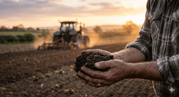 agriculteur tenant de la terre noire et riche