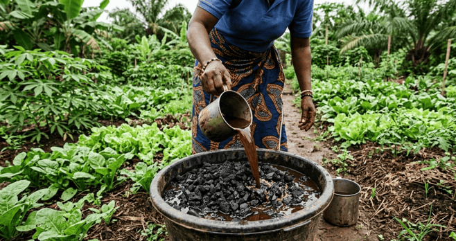 Comment fabriquer et utiliser le Biochar : biochar noir trempant dans un liquide brun (thé de compost) – Image d’illustration d’un seau où le charbon végétal macère dans un liquide riche en vie microbienne.