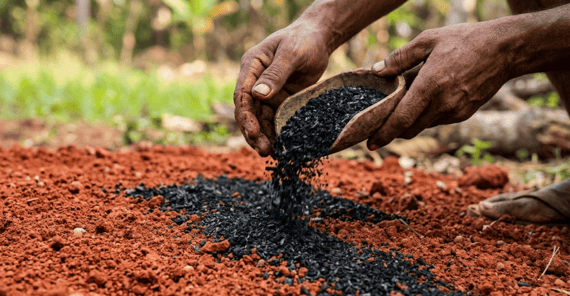 charbon de bois concassé (biochar) sur un sol 