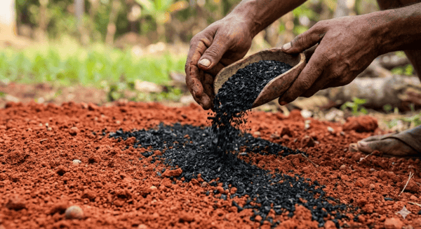 charbon de bois concassé (biochar) sur un sol 