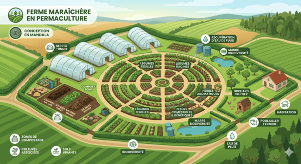 ferme maraîchère en permaculture avec des serres 