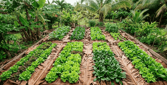parcelle de légumes paillée avec de larges feuilles de bananier