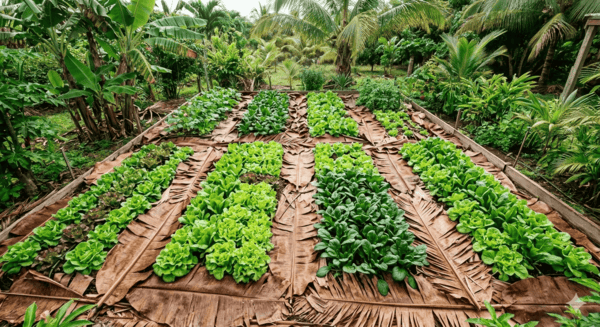 parcelle de légumes paillée avec de larges feuilles de bananier