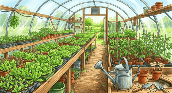 serre tunnel remplie de jeunes plants