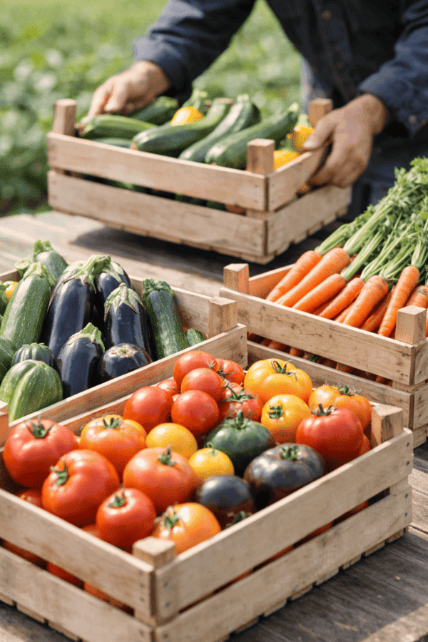 table de ferme, avec la main floue d'un maraîcher