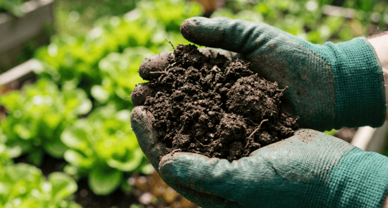 comment fabriquer le compost de maraîcher : un compost mature et tamisé dans les mains  d'un maraicher