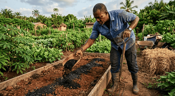 un maraîcher en action versant un mélange sombre (compost + biochar) sur le sol