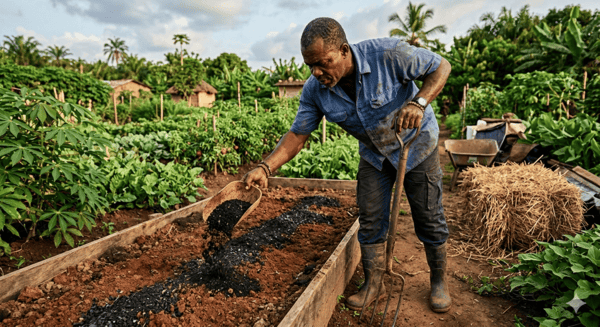 un maraîcher en action versant un mélange sombre (compost + biochar) sur le sol