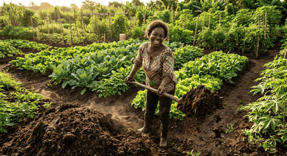 un maraîcher joyeux retournant un grand tas de compost