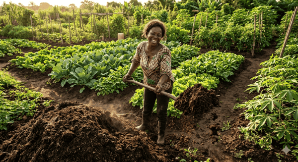 un maraîcher joyeux retournant un grand tas de compost