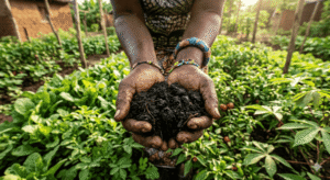 un maraîcher local, tenant une poignée de terre tropicale riche et noire