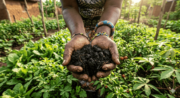 un maraîcher local, tenant une poignée de terre tropicale riche et noire