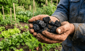 comment fabriquer et utiliser le Biochar : un tas de biochar noir et poreux dans les mains d'un jardinier