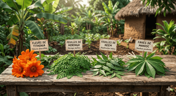quatre plantes fraîches disposées sur une table en bois  fleurs orange de tithonia, feuilles de moringa, feuilles de neem et fanes de manioc