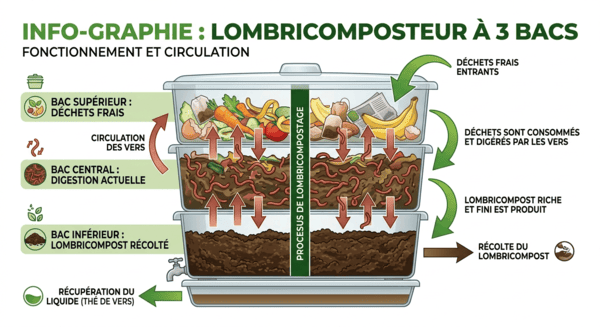 un lombricomposteur à 3 bacs en milieu tropical