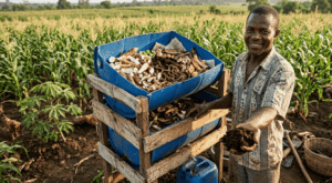 un lombricomposteur artisanal en Afrique, fabriqué avec des matériaux locaux (bidons recyclés ou caisses en bois)